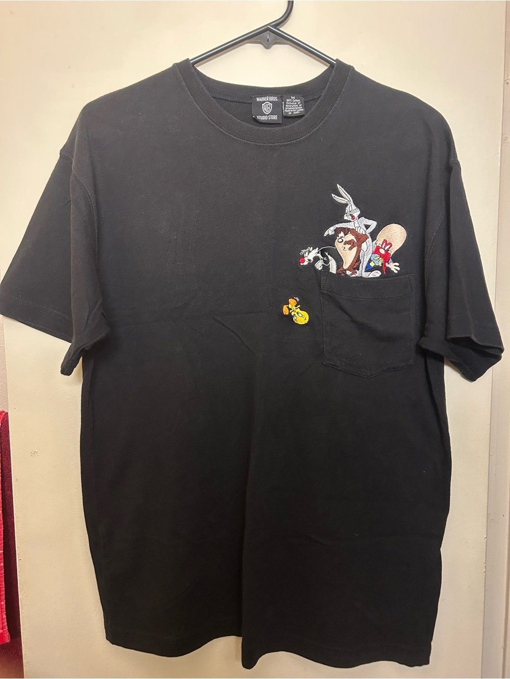Warner Bros. Black Pocket Tee with embroidered Looney Tunes Characters Size M